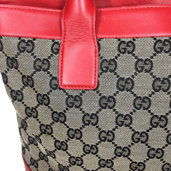 Authentic Gucci red leather monogram canvas tote bag - Picture 6 of 15